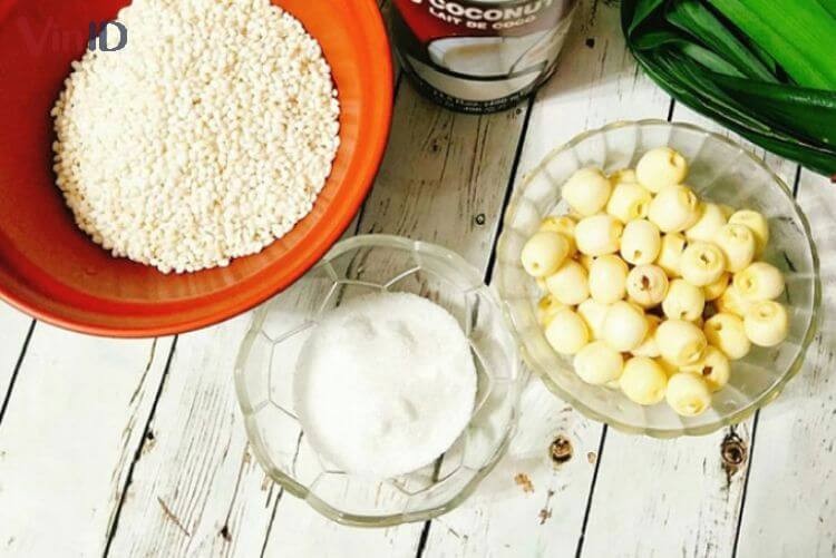 Nguyên liệu nấu xôi lá dứa hạt sen đầy đủ