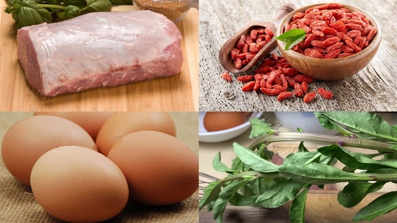 Nguyên liệu tươi ngon để chế biến món canh kỷ tử gồm thịt thăn, trứng và quả kỷ tử