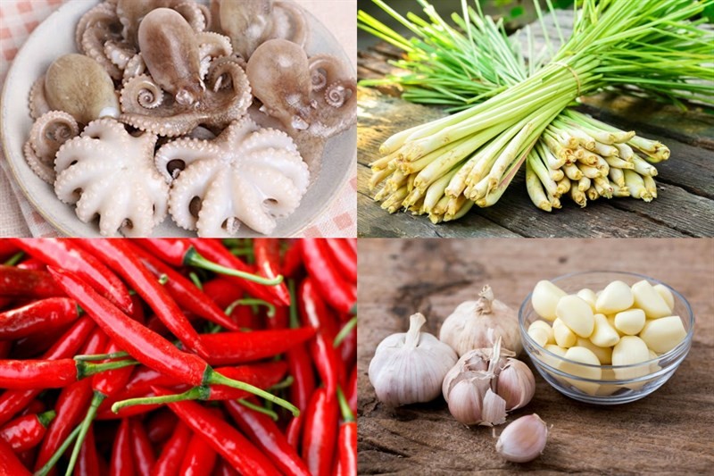 Sả, ớt và hành lá là những nguyên liệu chính cho món bạch tuộc xào sả ớt