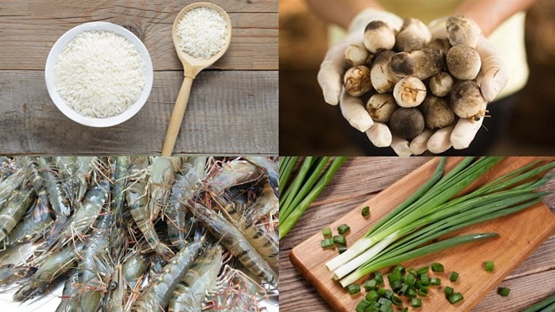 Nguyên liệu chuẩn bị nấu cháo tôm nấm rơm đơn giản