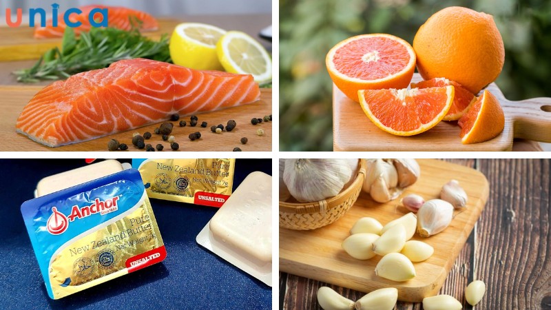Nguyên liệu chuẩn bị cho cách nấu cá hồi sốt cam bơ tỏi