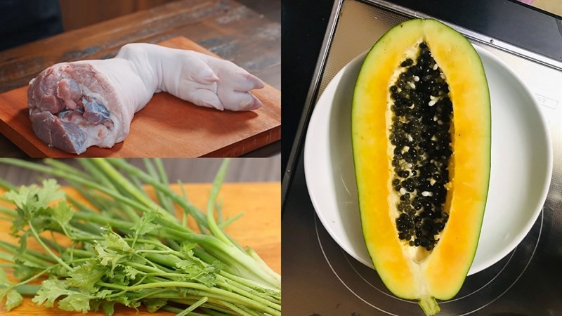 Nguyên liệu tươi sạch chuẩn bị cho món đu đủ hầm giò heo: giò heo, đu đủ xanh, hành lá