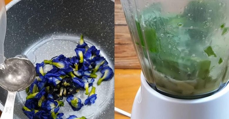Chuẩn bị nước cốt từ lá dứa và hoa đậu biếc để tạo màu sắc tự nhiên, hấp dẫn cho món thạch rau câu dẻo nhiều tầng.