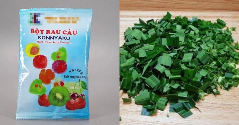 Các nguyên liệu chính để làm thạch rau câu dẻo lá dứa, bao gồm bột rau câu chất lượng và lá dứa tươi.