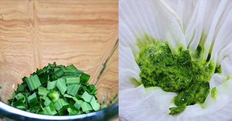 Quy trình xay nhuyễn lá dứa và lọc lấy nước cốt xanh thơm, thành phần quan trọng để tạo màu và hương vị cho thạch rau câu dẻo.