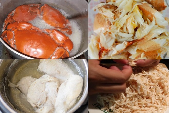 Sơ chế thịt cua và gà luộc xé sợi cho món súp thập cẩm