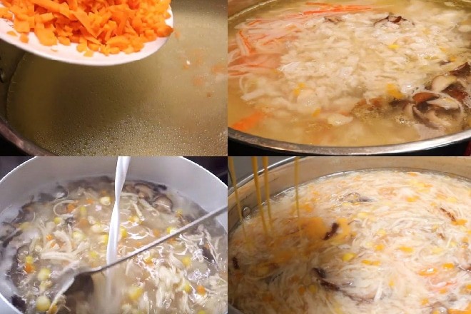 Cho hết nguyên liệu vào súp, thêm bột năng hòa nước và trứng đánh tan vào, khuấy nhanh tay.