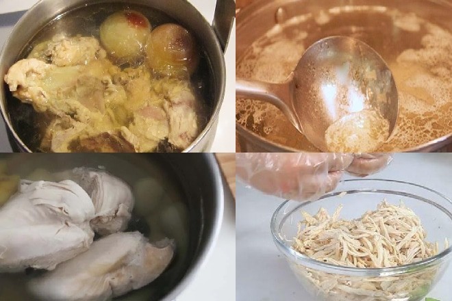 Ninh xương gà và ức gà với hành tây để có nước dùng súp cua đậm đà