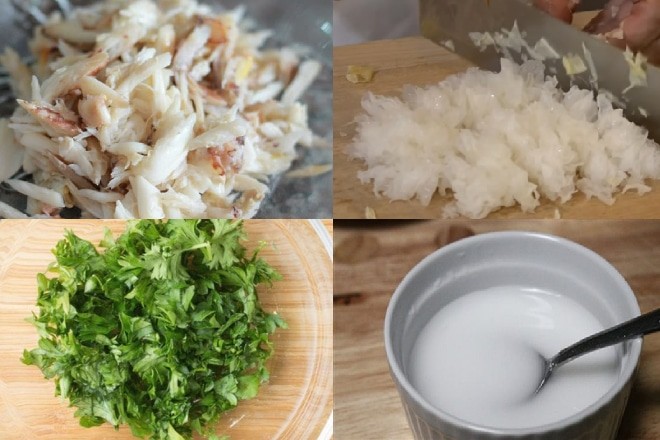 Sơ chế cua, nấm tuyết và bột năng để chuẩn bị nấu súp bán hàng
