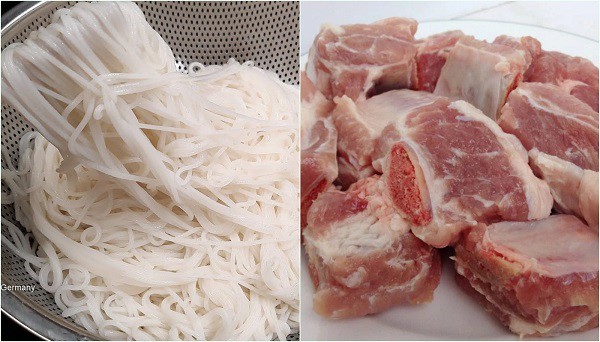 Nguyên liệu bún tươi và sườn heo tươi ngon được lựa chọn kỹ lưỡng để nấu bún sườn dọc mùng