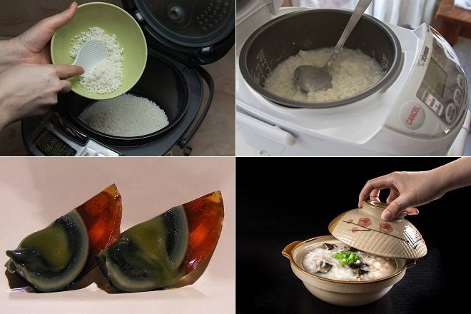 Công đoạn nấu cháo thịt bò bằm đơn giản bằng nồi cơm điện và dọn ra cùng trứng bắc thảo luộc riêng.