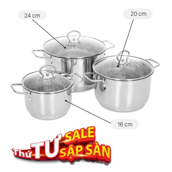 Bộ 3 nồi inox Delites, giúp bạn dễ dàng thực hiện mọi công thức nấu rau càng cua.