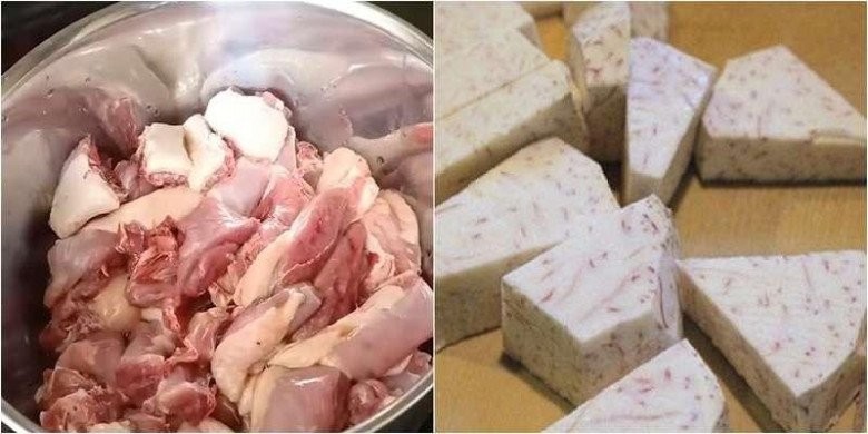 Thịt vịt đã làm sạch và khoai môn thái miếng, sẵn sàng cho công đoạn chế biến vịt nấu chao