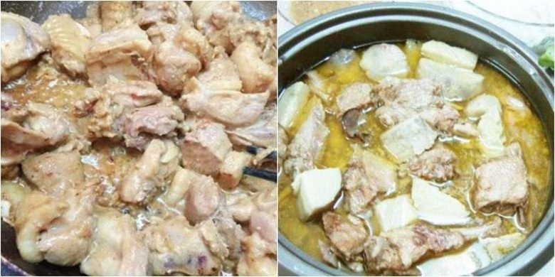 Nồi thịt vịt đang được nấu với chao và các loại gia vị, tạo nên hương vị đặc trưng của món ăn