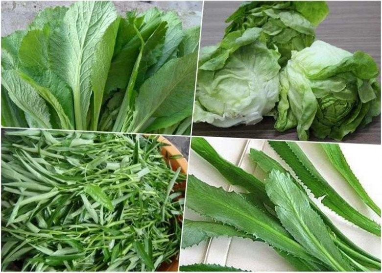 Các loại rau ăn kèm tươi xanh như cải và rau muống, giúp cân bằng hương vị cho món vịt nấu chao