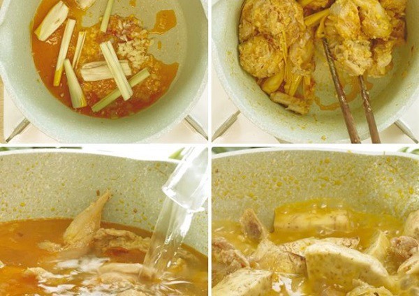 Xào thịt vịt đã ướp cho săn lại trước khi thêm nước dừa và nấu thành món vịt nấu chao