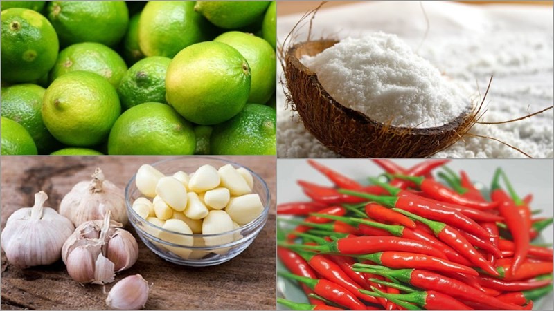 Nguyên liệu chính chuẩn bị cho cách nấu nước mắm chua ngọt bằng chanh gồm chanh, tỏi, ớt, đường và nước mắm.