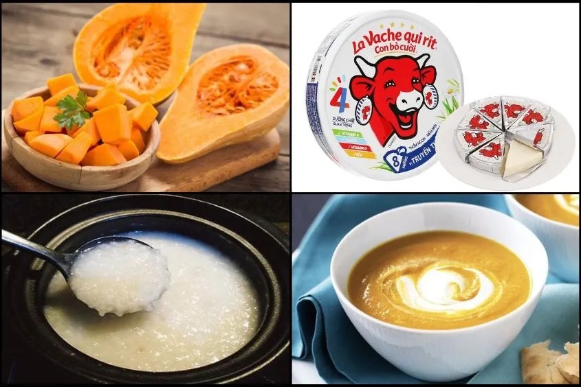 Bát cháo phô mai bí đỏ nóng hổi, một trong những cách nấu cháo phô mai con bò cười cho bé được yêu thích.