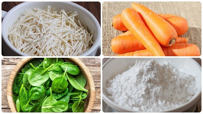 Các nguyên liệu tươi xanh chuẩn bị cho món mì rau củ nghiền ăn dặm