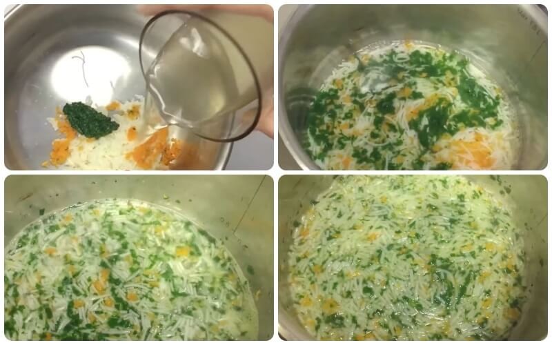 Nồi mì rau củ nghiền đang được nấu trên bếp, chuẩn bị thêm bột năng để tạo độ sánh