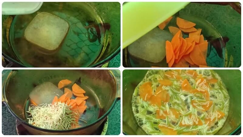 Cà rốt và mì somen đang được nấu chín trong nước Dashi