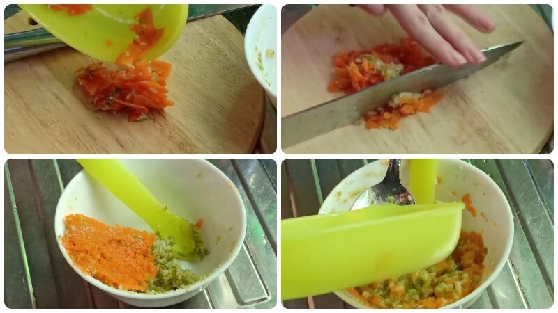 Mì somen rau củ băm được chuẩn bị trong chén, sẵn sàng cho bé
