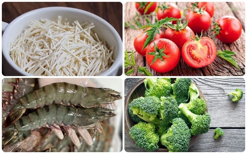 Tổng hợp các nguyên liệu tươi sống chuẩn bị cho món mì rau củ xào
