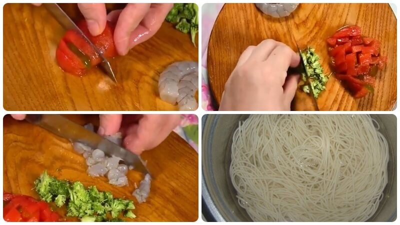 Sơ chế các nguyên liệu như tôm, cà chua và súp lơ trước khi xào