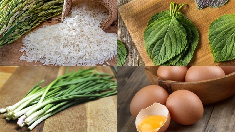 Các nguyên liệu sơ chế sẵn sàng cho món cháo tía tô