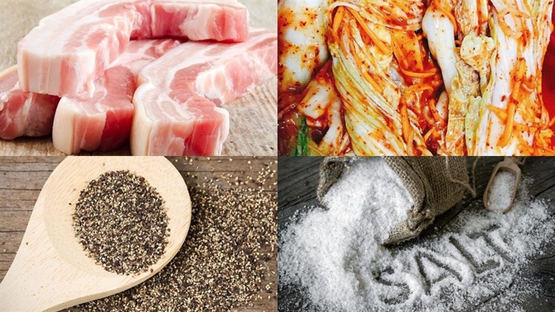 Tổng hợp các nguyên liệu chính để nấu canh kim chi thịt heo, bao gồm thịt ba chỉ và kim chi, minh họa cho cách nấu canh kim chi đơn giản.