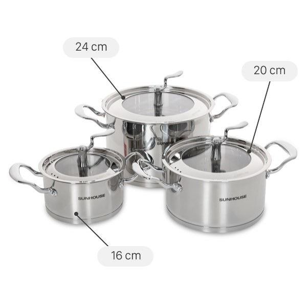 Bộ 3 nồi inox 5 đáy Sunhouse SHG2503MSA, hỗ trợ tối đa khi nấu các món canh rau càng cua.
