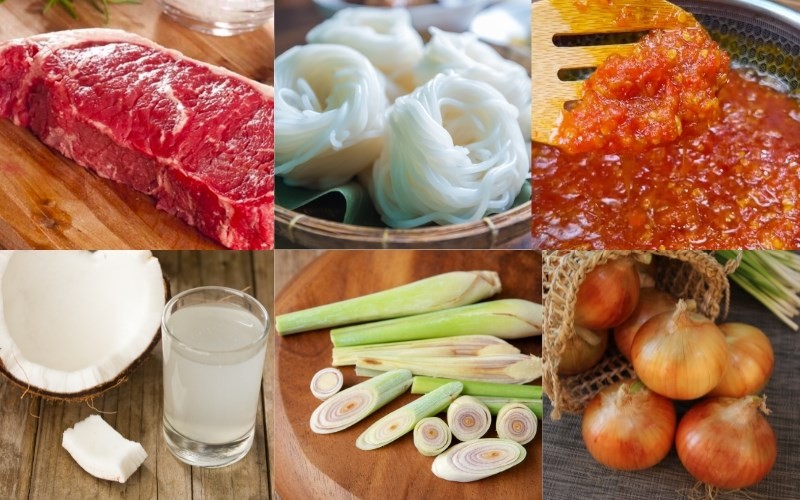 Hình ảnh các nguyên liệu chính như thịt bò, sả, ớt, tỏi, tôm khô để làm bún bò cay