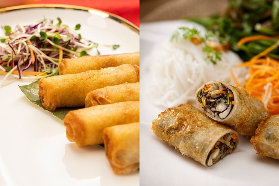 Tô bún chả giò chay với chả giò giòn rụm và rau tươi, là một công thức bún chay cực ngon phù hợp cho bữa trưa.