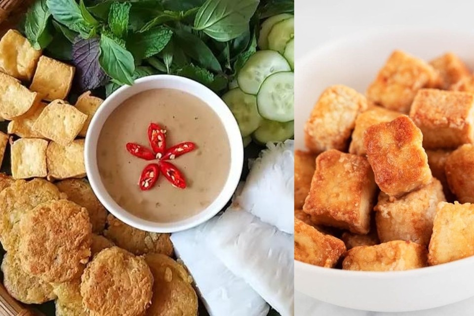 Mẹt bún đậu chay với đậu chiên vàng và bún lá, minh họa cách nấu bún chay cực ngon đơn giản.
