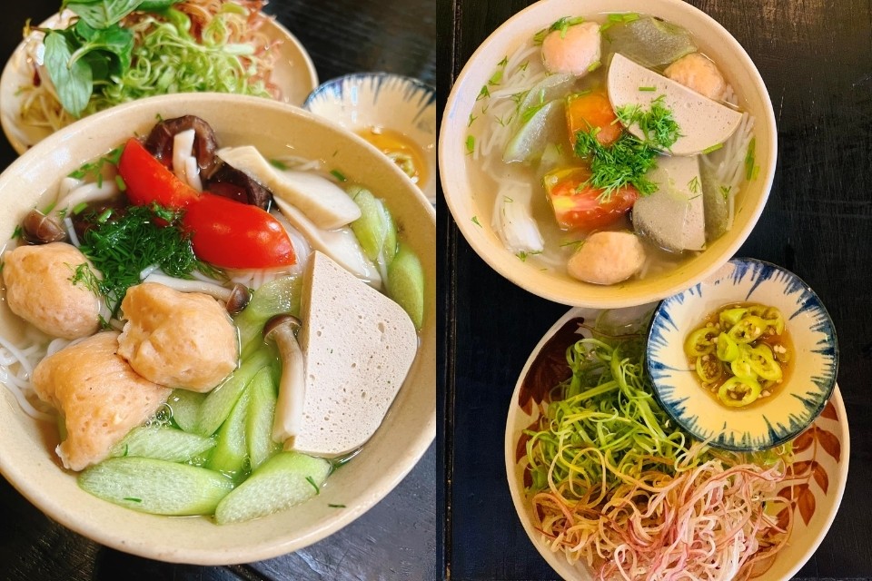 Tô bún mọc chay đầy đặn với mọc từ nấm và đậu hũ, minh họa món bún chay cực ngon cho bữa sáng.