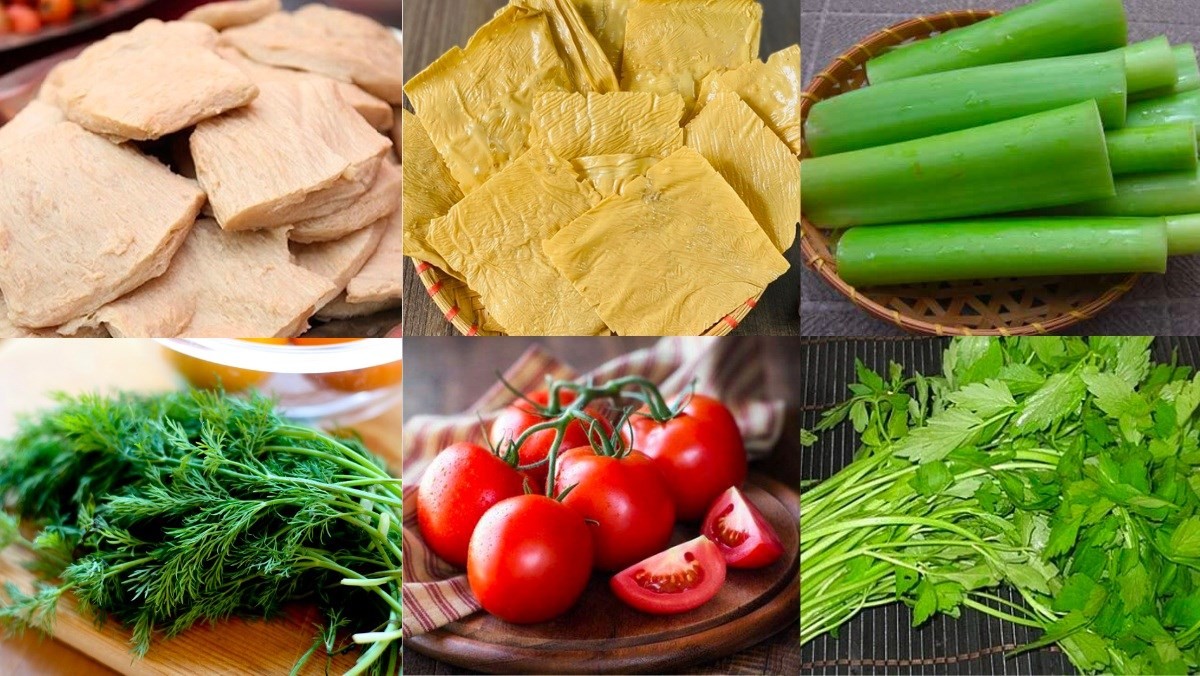 Các nguyên liệu tươi ngon chuẩn bị nấu bún mọc chay dọc mùng theo công thức mới