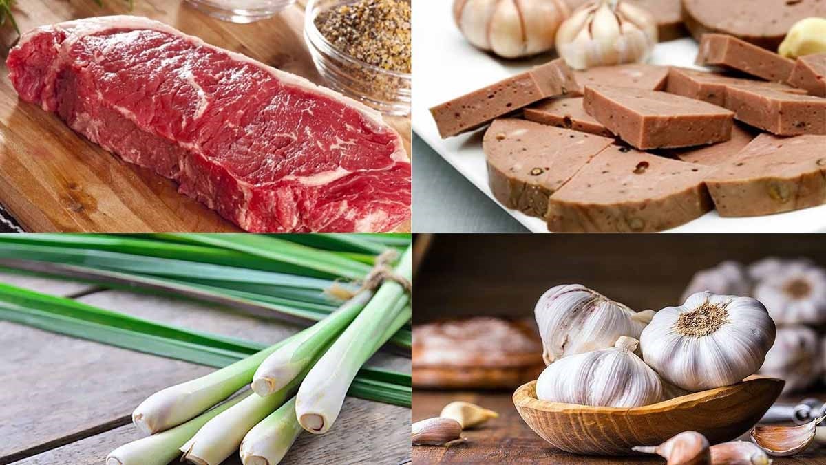 Nguyên liệu tươi ngon chuẩn bị cho món bún nạm bò gồm thịt bò, chả, bún và rau ăn kèm