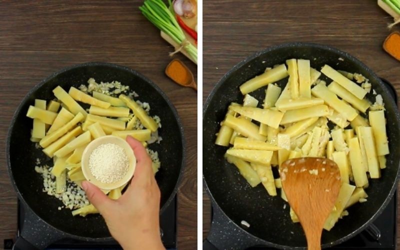 Xào măng thơm lừng và kết hợp vào nước dùng bún măng bò