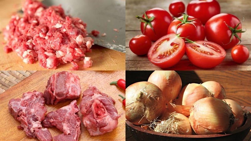 Tất cả nguyên liệu tươi ngon cho món bún thịt cà chua được chuẩn bị sẵn sàng