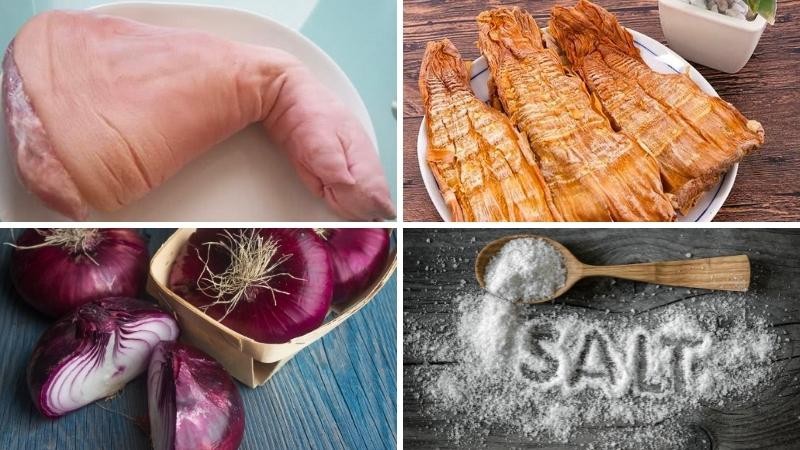 Hình ảnh các nguyên liệu tươi ngon để nấu canh măng chân giò, gồm chân giò, măng khô đã sơ chế, hành lá và các gia vị