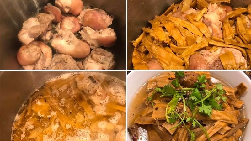 Hình ảnh nồi canh măng chân giò đang được ninh trên bếp, nước dùng sôi nhẹ và tỏa hương thơm hấp dẫn