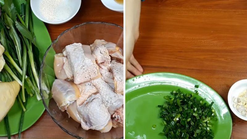 Hình ảnh các nguyên liệu đang được sơ chế chuẩn bị cho món canh măng thịt gà, bao gồm thịt gà đã chặt miếng và măng khô xé sợi