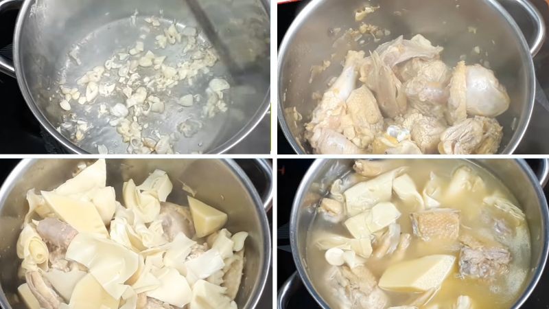 Hình ảnh thịt gà và măng đang được xào chung trong nồi, sau đó được thêm nước vào để nấu thành món canh măng