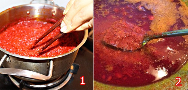 Quá trình đun dầu gấc với lửa nhỏ, khuấy đều để đảm bảo dưỡng chất