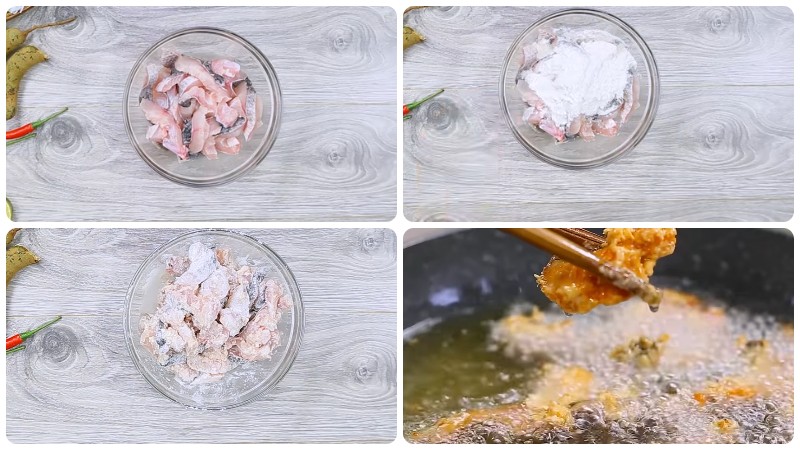 Ướp gia vị và chiên cá quả vàng giòn, chuẩn bị cho món bún cá