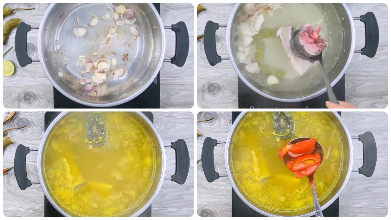 Nấu nước dùng bún cá quả với cà chua, me và gia vị thơm ngon