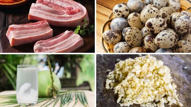Các nguyên liệu cần thiết cho món thịt kho nước dừa trứng cút bao gồm thịt ba chỉ, trứng cút, hành, tỏi, và nước dừa tươi