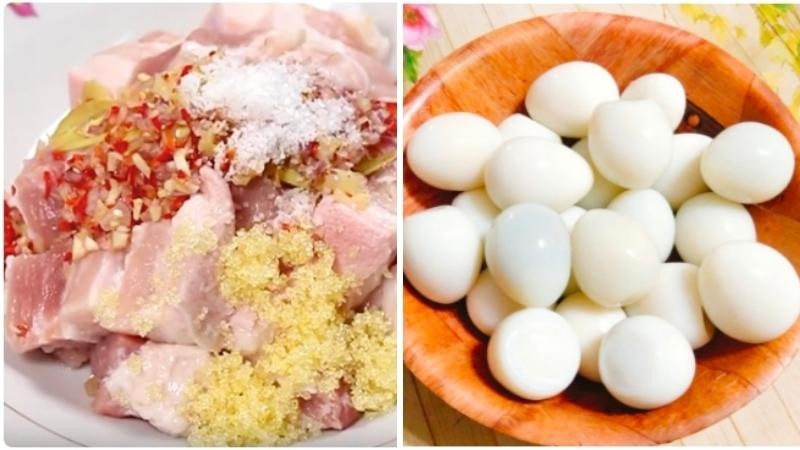 Thịt ba chỉ đang được ướp với gia vị trong tô và trứng cút đã luộc chín, bóc vỏ, sẵn sàng cho món thịt kho trứng cút