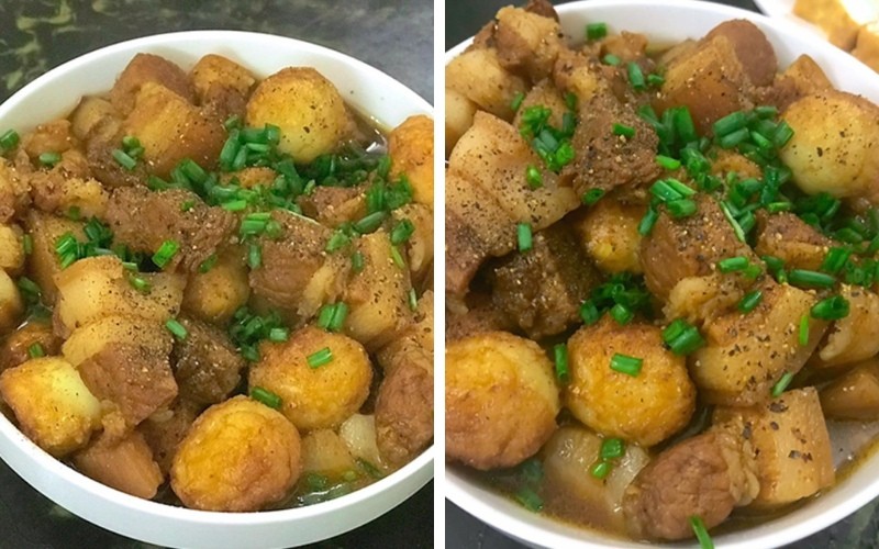 Món thịt kho tàu trứng cút hoàn chỉnh, nóng hổi, thịt mềm và trứng cút thấm vị, được bày ra tô sẵn sàng dùng