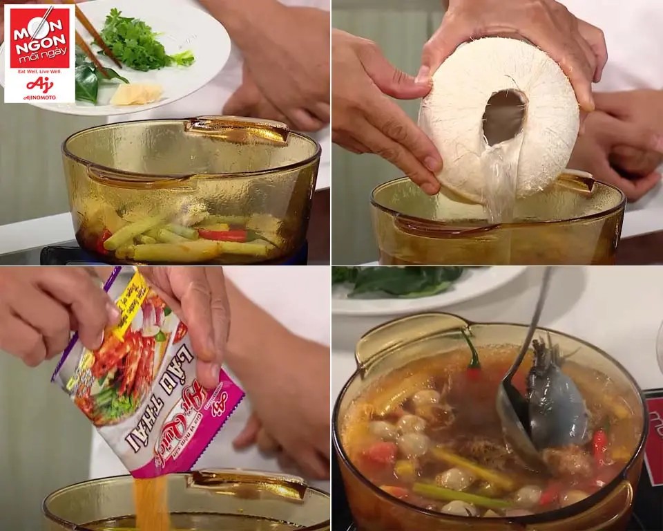 Nấu nước dùng Tom Yum Kung với tôm và các nguyên liệu thơm ngon
